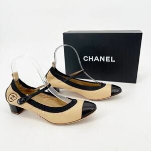 Chanel Retro y2k Beige & Black CC Cap Toe Leather Mary Jane Strap Heels EU 38.5
